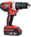 Heavy Duty Cordless Drill Impact Driver Kit Featuring 20V 2500Mah Batteries, Quick Charge Station, Zero To 1650Rpm Variable Trigger, 13Mm Keyless Chuck, Led Worklamp, And Knockout Power For Weekend Warriors Or Heavy Duty Shop Runs Daily - side view of cordless drill with red and black design.