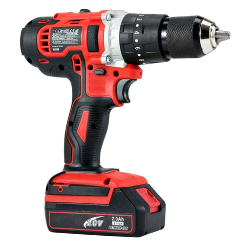 Heavy Duty Cordless Drill Impact Driver Kit Featuring 20V 2500Mah Batteries, Quick Charge Station, Zero To 1650Rpm Variable Trigger, 13Mm Keyless Chuck, Led Worklamp, And Knockout Power For Weekend Warriors Or Heavy Duty Shop Runs Daily - side view of cordless drill with red and black design.