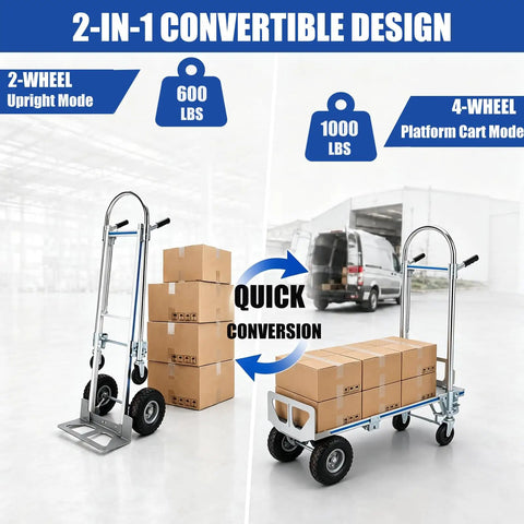 2 In 1 Convertible Hand Truck With 1000 Lbs Capacity, Heavy Duty Platform Cart Dolly For Home And Warehouse Moving, Non Slip Handle And Wheels, Foldable Design, Durable Steel Frame, Easy Switch Between Two Wheel And Four Wheel Modes; 2-wheel upright and 4-wheel platform view