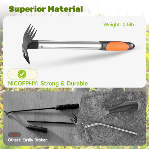 Two Pack 2 In One Weed Puller Tool Set 17 Inch Manual Weeding Rake And Garden Hoe with stainless handle and orange grip