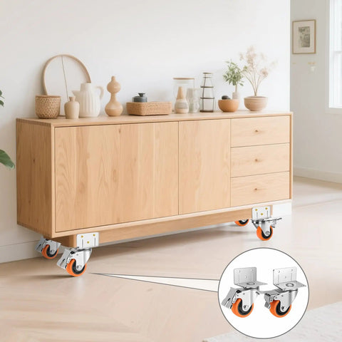 Heavy Duty Swivel Casters L Shaped Mount Double Ball Bearing Rock Solid Frame smooth rolling furniture cart on wooden floor.