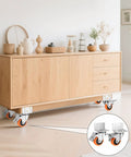 Rock Solid Heavy Duty 3 Inch L Shaped Casters Set Of 4 With Double Lock Brakes on a wooden furniture piece showcasing smooth rolling wheels.