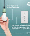 Hand holding Smart LED A19 Light Bulbs With Built In Timer Auto On Off Schedule next to light switch, E26 base