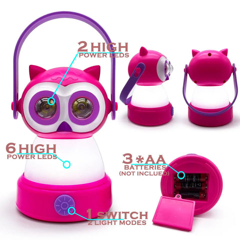 2-In-1 Kids Owl Lantern And Headlamp Set, 360 Degree LED Night Light with pink owl design, kid safe ABS plastic, battery compartment