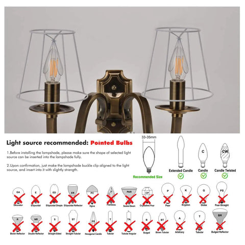 Guide for installing crystal chandelier shade set with recommended bulb types and clip-on details.