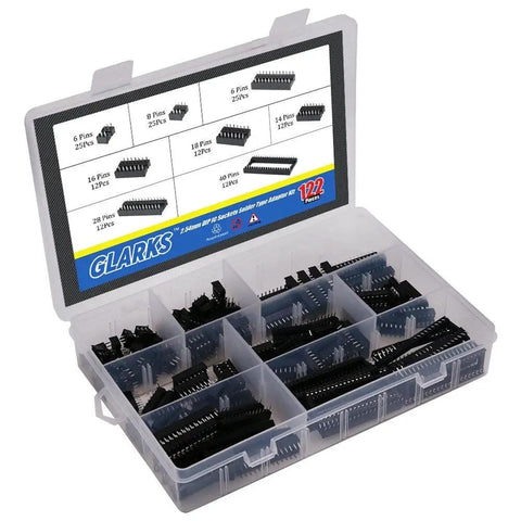 122Pcs DIP IC Socket Set, 2.54mm Pitch Solder Type Adapters in clear storage box, showing assorted pin sizes for DIY projects