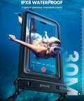 Double Pocket Waterproof Phone Pouch with IPX8 Dry Bag, underwater view showing device protection up to 30m depth.