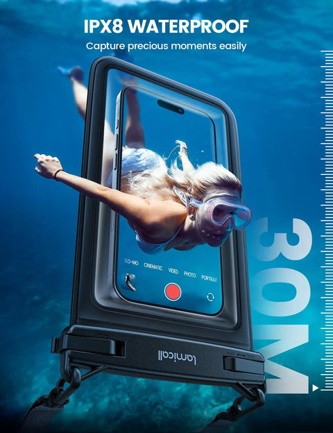 Double Pocket Waterproof Phone Pouch with IPX8 Dry Bag, underwater view showing device protection up to 30m depth.