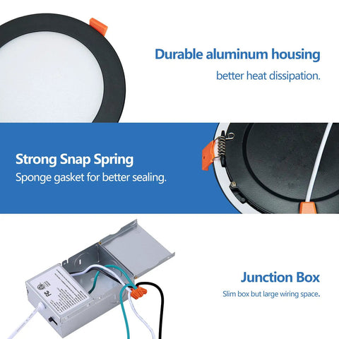Features of Black Recessed Canless 4 Inch Wafer Pot Lighting With Junction Box Dimmable 5 Color Temperature Selectable 6 Pack