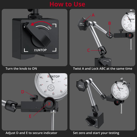 XUNTOP dial indicator with magnetic base and imperial dial; setup diagrams show ON knob, arm adjust, and zeroing.