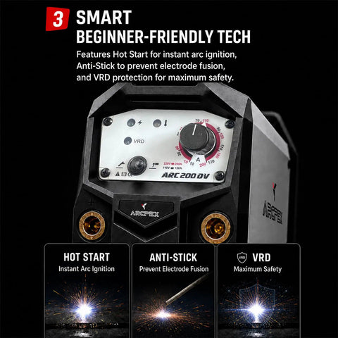 Close-up of 200 Amp Stick Welder 2 In 1 Portable Welding Machine showing control panel with beginner-friendly tech features.