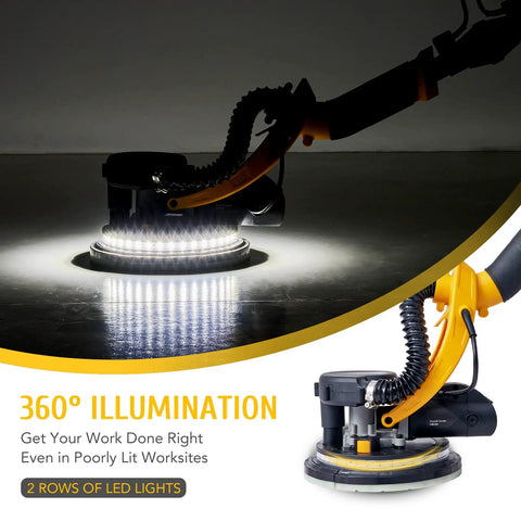 Six Speed Drywall Sander With Vacuum Attachment And LED Lights illuminating a work surface for smooth ceilings and walls