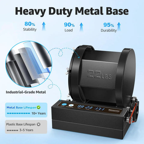 Extra Large 22lb Capacity Rock Tumbler With Brushless Motor And Metal Base, showcasing heavy duty metal base and 22lb drum.
