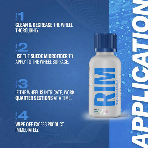 Rim EVO 30ml Ceramic Wheel Coating Kit with application steps for high heat resistant brake dust repellent hydrophobic shield.