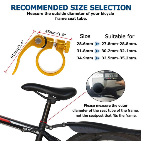Size chart and measurement guide for yellow bike seat post clamp quick release collar fits 28.6mm 31.8mm 34.9mm for MTB bikes
