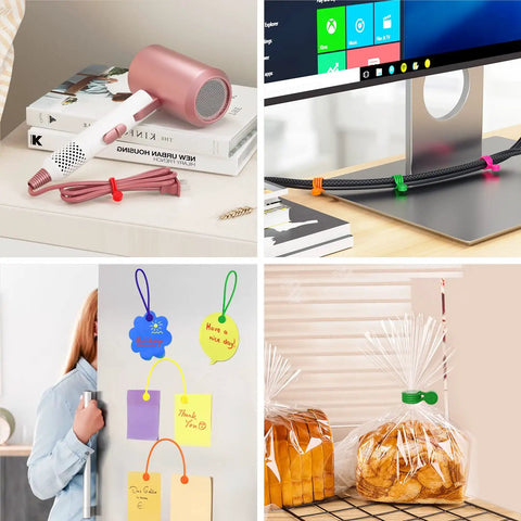 Reusable Magnetic Silicone Cable Ties 9 Inch Twist Ties For Cord Organization And Bundling Easy Wrap And Tie Durable Flexible Magnets For Home Office School And Outdoor Use 10 Colors 20 Pack in use for cables, notes, and bags.