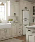 Modern kitchen with 20 Pack Slick Matte Black Cabinet Pulls 5 Inch Hole Centers Solid Cabinet Hardware Handles installed on white cabinets.