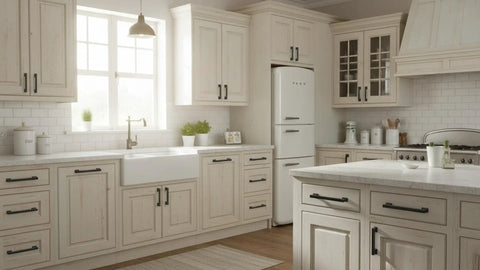 Modern kitchen with 20 Pack Slick Matte Black Cabinet Pulls 5 Inch Hole Centers Solid Cabinet Hardware Handles installed on white cabinets.