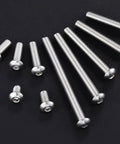 30 Piece Set Of 5/16 Inch By 1 Inch Button Head Socket Cap Screws In Top Grade 304 Stainless Steel displayed from above on black background.