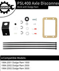 Axle Disconnect Kit PSL400 components for Dodge Ram 1994-2002 models, including bracket, hardware, and zip ties