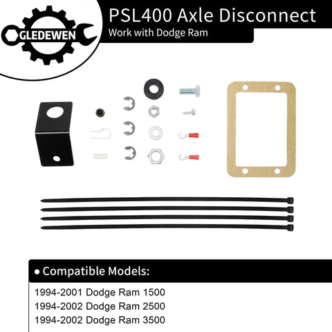 Axle Disconnect Kit PSL400 components for Dodge Ram 1994-2002 models, including bracket, hardware, and zip ties