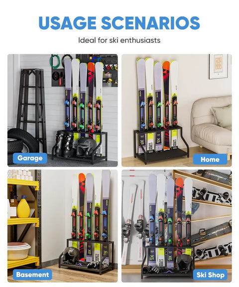 Badass Heavy Duty Wall Mount Ski And Snowboard Storage Rack For Garage Holds Four Pairs With Helmet Goggle Gloves Organizer Shelf Solid Black Winter Gear Setup in garage and home settings.