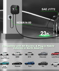 Level 2 EV Charger With 40A 240V Output And NEMA 14-50 Plug, 23FT cable shown charging a vehicle in garage.