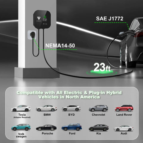 Level 2 EV Charger With 40A 240V Output And NEMA 14-50 Plug, 23FT cable shown charging a vehicle in garage.