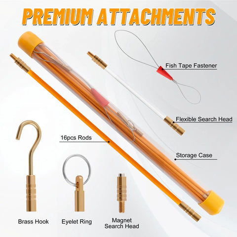 22 Foot Fiberglass Wire Fishing Kit Pro Grade With Fish Tape And Wire Puller For Through Wall Installations Attics Crawl Spaces And Ceilings Includes Attachments For Cable HDMI Network Wires And Other Home Wiring Projects, 16 rods and storage case