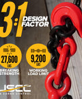 Close-up of red chain and grab hook with text "Five Pack Heavy Duty Ratchet Chain Binders For Three Eighth And One Half Inch Chains With 9200 Lbs Working Load Limit Use With Grade 70 Three Eighth Inch Chain And Grade 43 Three Eighth Or One Half Inch Chain Red Finish Two Grab Hooks Per Binder" showing 27,600 lb breaking strength and 9,200 lb working load limit.