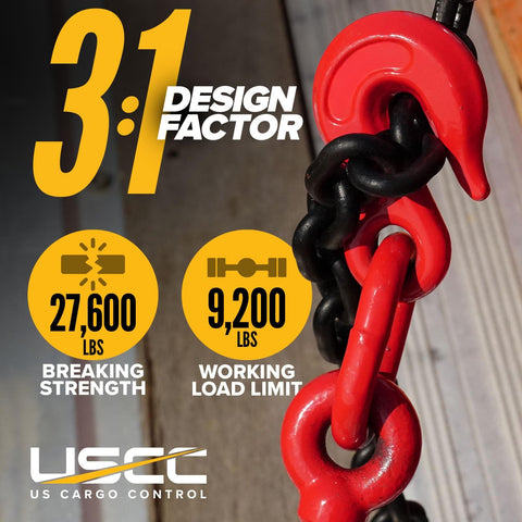 Close-up of red chain and grab hook with text "Five Pack Heavy Duty Ratchet Chain Binders For Three Eighth And One Half Inch Chains With 9200 Lbs Working Load Limit Use With Grade 70 Three Eighth Inch Chain And Grade 43 Three Eighth Or One Half Inch Chain Red Finish Two Grab Hooks Per Binder" showing 27,600 lb breaking strength and 9,200 lb working load limit.