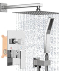 High Pressure 10 Inch Square Rain Shower System With Wall Mount Rain Head Hand Sprayer Rough In Valve Trim Kit Bathroom Mixer