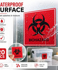 Straight Fire Heavy Duty Waterproof Biohazard Warning Stickers Big Time Visibility 4X4 Inch Decals on a moist surface with water droplets.