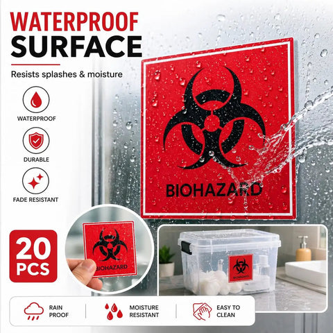 Straight Fire Heavy Duty Waterproof Biohazard Warning Stickers Big Time Visibility 4X4 Inch Decals on a moist surface with water droplets.