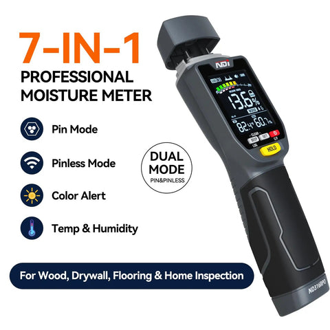Dual Mode Moisture Meter For Wood And Building Materials With Pin And Pinless Non Destructive Testing Surface Scan Up To Three Quarters Inch Temperature And Humidity Readout Data Log And Backlit LCD Display, black handheld