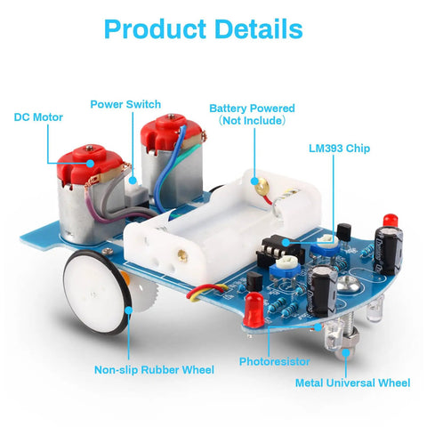 Components of Line Following Robot Car Kit for Beginners Soldering Practice, STEM Educational Electronics, circuit board and wheels
