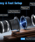 4 Inch Magnetic Dust Collection Fittings For Woodworking Tools Includes One Connector Two Receivers And Two Couplers For Fast Tool Free Hose Swapping With Powerful Magnet System To Save Time And Effort On Shop Cleanup And Organization showing rubber coupler and steel port receivers.