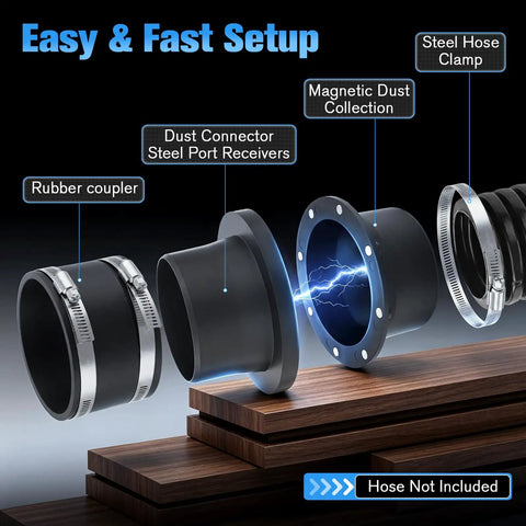 4 Inch Magnetic Dust Collection Fittings For Woodworking Tools Includes One Connector Two Receivers And Two Couplers For Fast Tool Free Hose Swapping With Powerful Magnet System To Save Time And Effort On Shop Cleanup And Organization showing rubber coupler and steel port receivers.