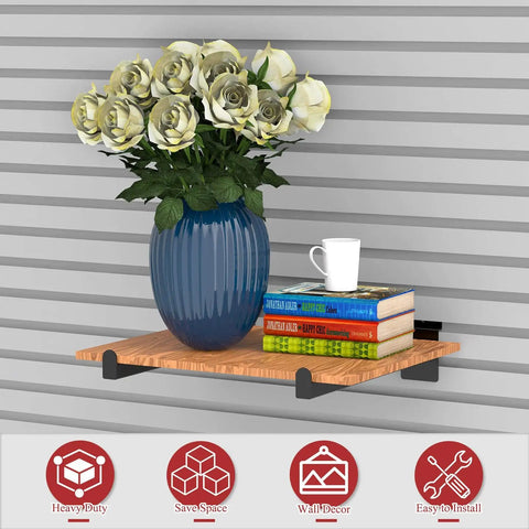 12 Inch Black Slatwall Shelf Brackets Set Of 18 Heavy Duty Metal Slatwall Hooks displayed with vase and books on wood shelf