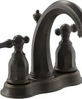 Kelston 4-Inch Centerset Lavatory Faucet in Oil Rubbed Bronze With Brass Construction and Quarter-Turn Ceramic Disc Valves, Centerset Fit for 3-Hole Sinks, Sleek Classic Vibes, Built Tough for Your Bathroom Upgrade, K-13490-4-2BZ, side view showing dual handles and spout.