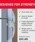 Heavy Duty Drywall Anchors And Plasterboard Fixings Starter Pack Holds Two Hundred Ninety Three Pounds shown mounted on wall.
