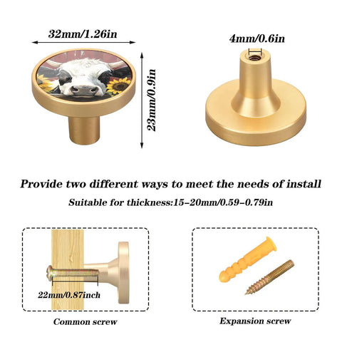 Dimensions and installation parts for 4 Pack Gold Cow Sunflower Cabinet Knobs And Round Drawer Pulls With Cool Design For Cabinets Walls And Dressers Durable Acrylic Zinc Alloy With Scratch Resistant Finish And Dual Screws