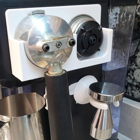 Premium Coffee Station Accessory Organizer Rack Keep Your Home Espresso Setup Slick With Integrated Tamper Hook Portafilter Holder And Spare Basket Side Rack For Pro Vibes showing a close-up of portafilter holder and tamper rack.