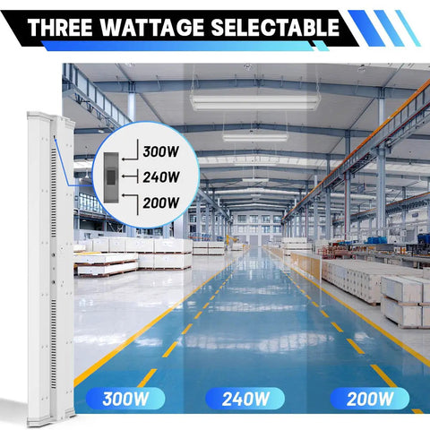 4 Pack LED Linear High Bay Lights Power Options 300W 240W 200W 40500LM 5000K Daylight Dimmable 0-10V Adjustable Tilt