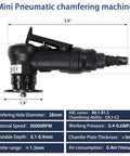 Handheld pneumatic chamfering tool with 1/4 in air inlet for 45-degree arc beveling and deburring metal and wood.
