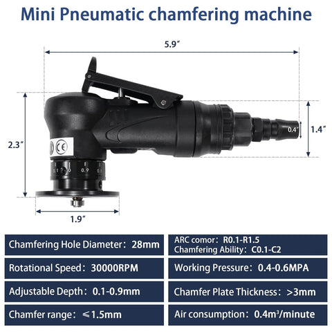 Handheld pneumatic chamfering tool with 1/4 in air inlet for 45-degree arc beveling and deburring metal and wood.