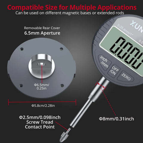 Digital Dial Indicator 1 Inch 0.0005 Inch Resolution LCD Display With Rear Cover showing dimensions and removable rear cover