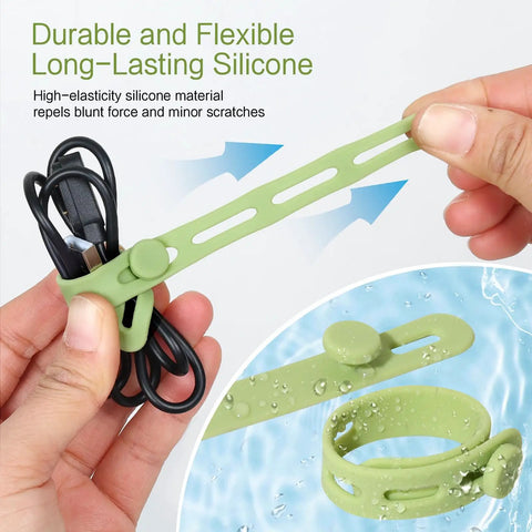 Person using 24 Piece Silicone Cable Ties Pack With Locking Buckles Reusable And Washable Adjustable Straps For Cable Management No Fuss Multi Purpose High Elasticity Cord Organizer In Four Colors