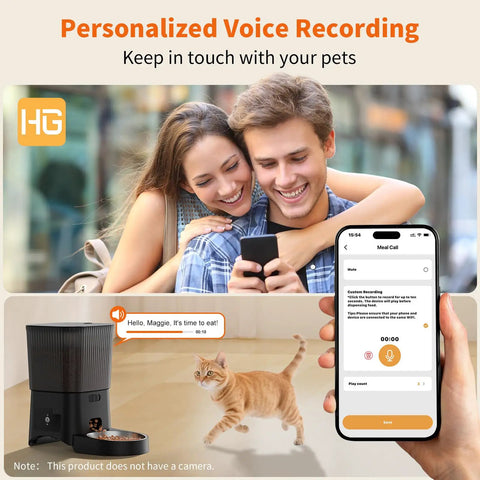 Dead Simple Smart Cat Feeder With Solid Wifi And Smartphone App Control Automated Timed Pet Food Dispenser, featuring voice recording and app usage.