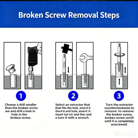 Get This Awesome 15 Piece Bolt Extractor Kit To Fix Broken Screws And Bolts Fast, Featuring Left Hand Drill Bits With Five Sizes Plus Backup Bits For Any Tough Job. diagram showing broken screw removal steps